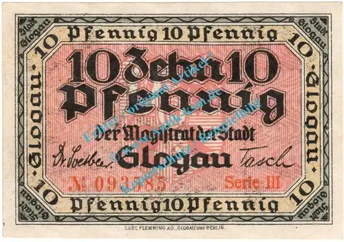 Glogau , Notgeld 10 Pfennig Schein in kfr. Tieste 2280.05.15 , Schlesien o.D. Verkehrsausgabe