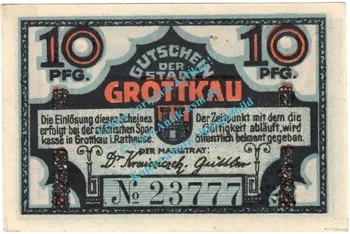 Grottkau , Notgeld 10 Pfennig Schein in kfr. Tieste 2625.05.25 , Schlesien o.D. Verkehrsausgabe