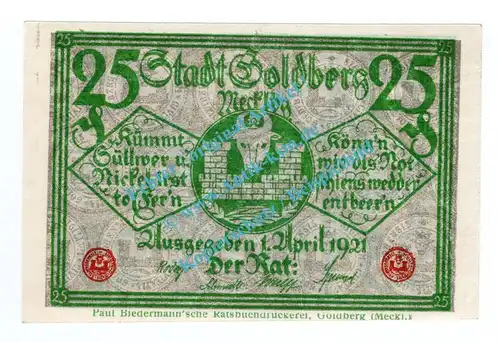 Goldberg , Notgeld 25 Pfennig Schein in kfr. Tieste 2335.05.10 , Mecklenburg 1921 Verkehrsausgabe