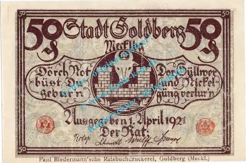 Goldberg , Notgeld 50 Pfennig Schein in kfr. Tieste 2335.05.11 , Mecklenburg 1921 Verkehrsausgabe