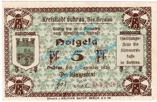 Guhrau , Notgeld 5 Pfennig Schein in kfr. Tieste 2660.10.25 , Schlesien 1920 Verkehrsausgabe