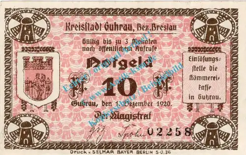 Guhrau , Notgeld 10 Pfennig Schein in kfr. Tieste 2660.10.26 , Schlesien 1920 Verkehrsausgabe