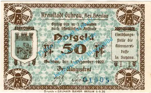 Guhrau , Notgeld 50 Pfennig Schein in kfr. Tieste 2660.10.27 , Schlesien 1920 Verkehrsausgabe
