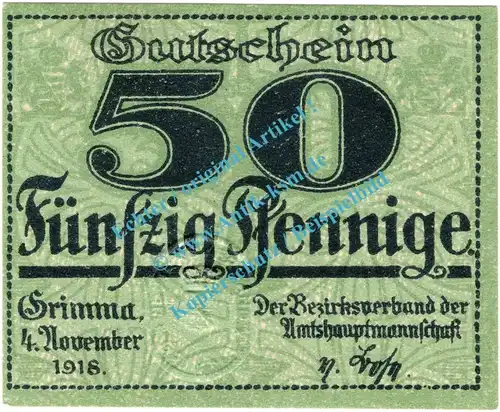 Grimma , Notgeld 50 Pfennig Schein in kfr. Tieste 2465.05.07 , Sachsen 1918 Verkehrsausgabe