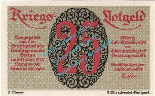 Geislingen , Notgeld 25 Pfennig Schein in kfr. Tieste 2140.05.01 , Württemberg 1918 Verkehrsausgabe