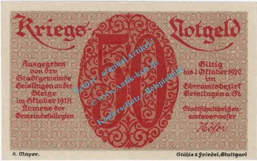 Geislingen , Notgeld 50 Pfennig Schein in kfr. Tieste 2140.05.02 , Württemberg 1918 Verkehrsausgabe