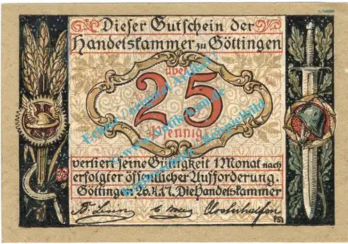 Göttingen , Notgeld 25 Pfennig Schein in kfr. Tieste 2320.10.15 , Niedersachsen 1917 Verkehrsausgabe