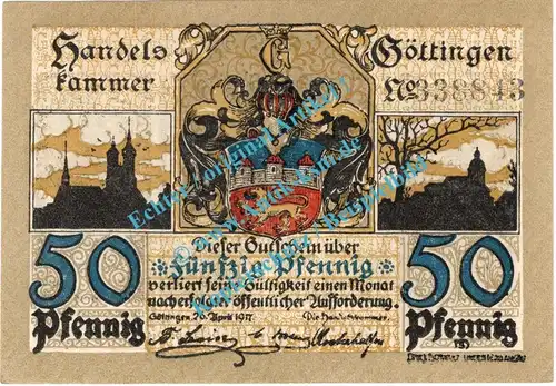 Göttingen , Notgeld 50 Pfennig Schein in kfr. Tieste 2320.10.16 , Niedersachsen 1917 Verkehrsausgabe