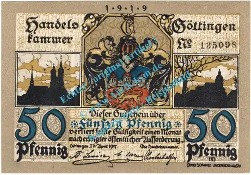 Göttingen , Notgeld 50 Pfennig Schein in kfr. Tieste 2320.10.20 , Niedersachsen 1919 Verkehrsausgabe