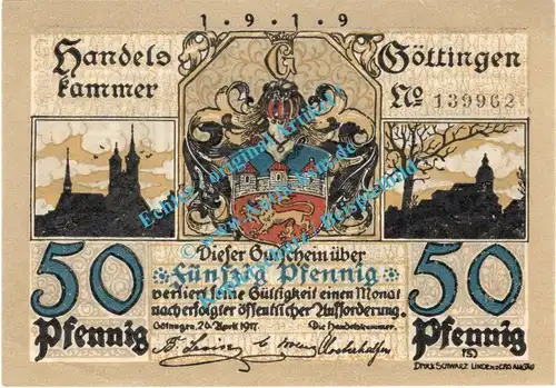 Göttingen , Notgeld 50 Pfennig Schein in kfr. Tieste 2320.10.26 , Niedersachsen 1919 Verkehrsausgabe