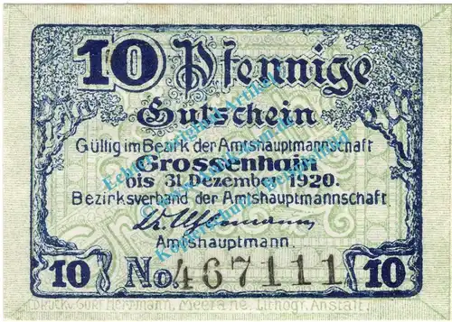 Grossenhain , Notgeld 10 Pfennig Schein in kfr. Tieste 2530.05.05 , Sachsen o.D. Verkehrsausgabe