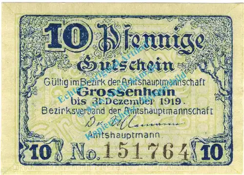 Grossenhain , Notgeld 10 Pfennig Schein in kfr. Tieste 2530.05.01 , Sachsen o.D. Verkehrsausgabe