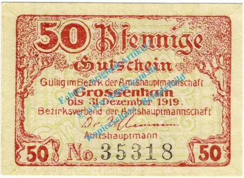 Grossenhain , Notgeld 50 Pfennig Schein in kfr. Tieste 2530.05.02 , Sachsen o.D. Verkehrsausgabe