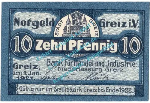 Greiz , Notgeld 10 Pfennig Schein in kfr. Tieste 2445.05.10 , Thüringen 1921 Verkehrsausgabe