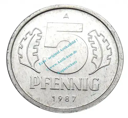 Kursmünze DDR , 5 Pfennig Stück bfr-Stgl. von 1987 A , J.1509 -0560