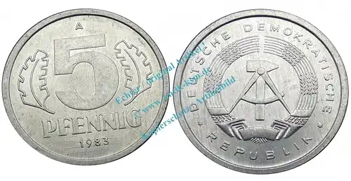 Kursmünze DDR , 5 Pfennig Stück bfr-Stgl. von 1983 A , J.1509 -0569