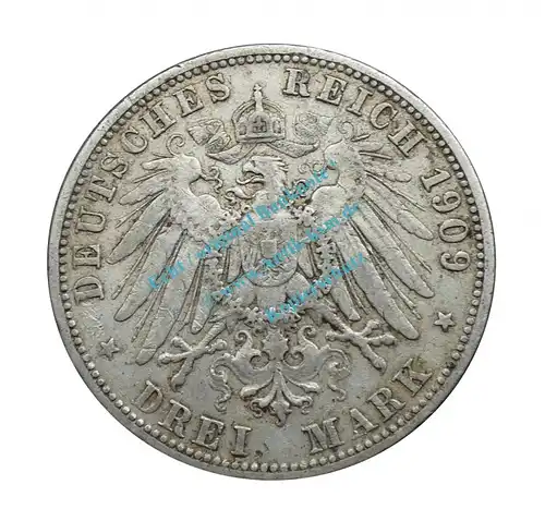 Kursmünze Württemberg , 3 Mark Stück -Wilhelm II- ss-vz von 1909 F , J.175 -0558