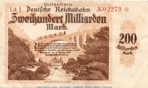 Banknote Reichsbahn Karlsruhe , 200 Milliarden Mark Schein in gbr. Keller 2583.f , von 1923 , Baden Inflation