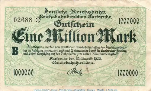 Banknote Reichsbahn Karlsruhe , 1 Million Mark Schein in gbr. Keller 2583.a , von 1923 , Baden Inflation