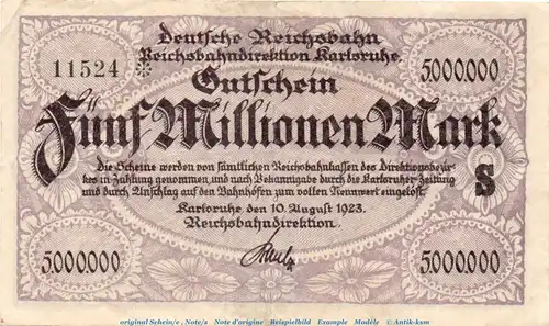 Banknote Reichsbahn Karlsruhe , 5 Millionen Mark Schein in gbr. Keller 2583.a , von 1923 , Baden Inflation
