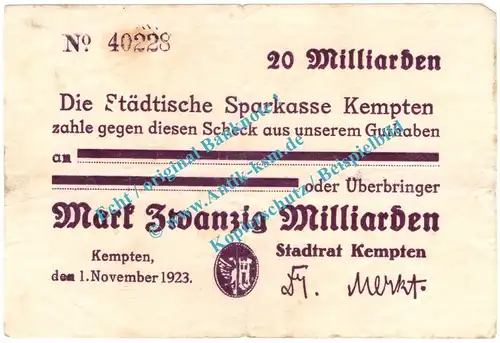 Kempten , Notgeld 20 Milliarden Mark Schein in gbr. Keller 2608.b , Bayern 1923 Grossnotgeld Inflation