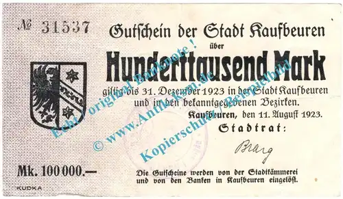 Kaufbeuren , Notgeld 100.000 Mark Schein in gbr. Keller 2595.c , Bayern 1923 Grossnotgeld Inflation