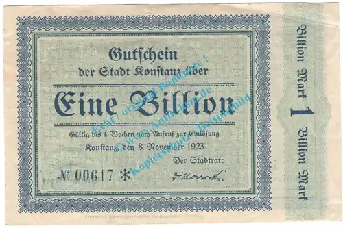 Konstanz , Notgeld 1 Billion Mark Schein in gbr. Keller 2796.t , Baden 1923 Inflation
