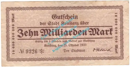 Konstanz , Notgeld 10 Milliarden Mark Schein in gbr. Keller 2796.p , Baden 1923 Inflation