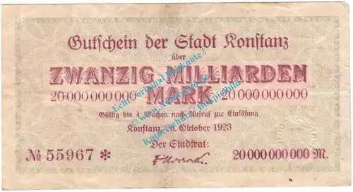 Konstanz , Notgeld 20 Milliarden Mark Schein in gbr. Keller 2796.q , Baden 1923 Inflation