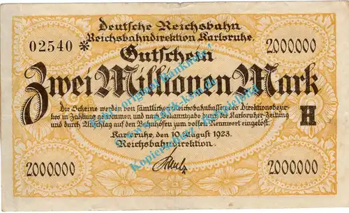Karlsruhe , Notgeld 2 Millionen Mark Schein in gbr. Keller 2583.a , Baden 1923 Inflation