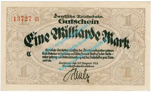 Karlsruhe , Notgeld 1 Milliarde Mark Schein in kfr. Keller 2583.c , Baden 1923 Inflation