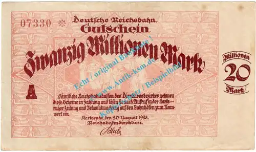 Karlsruhe , Notgeld 20 Millionen Mark Schein in gbr. Keller 2583.b , Baden 1923 Inflation