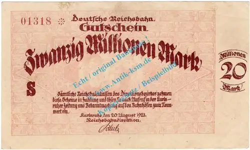 Karlsruhe , Notgeld 20 Millionen Mark Schein in kfr. Keller 2583.b , Baden 1923 Inflation