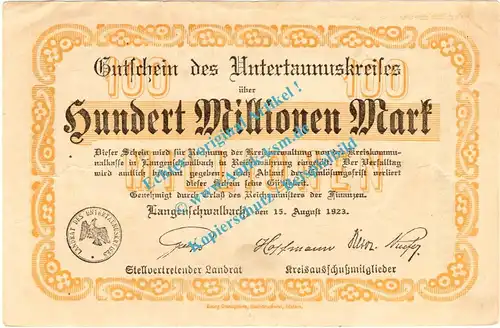 Langenschwalbach , Notgeld 100 Millionen Mark Schein in gbr. Keller 5305.a , Hessen 1923 Inflation