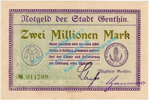 Genthin , Notgeld 2 Millionen Mark Schein in gbr. Keller 1722.a , Sachsen Anhalt 1923 Grossnotgeld Inflation