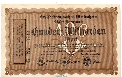 Banknote Kreise Kreuznach und Meisenheim , 100 Milliarden Mark in gbr. Keller nicht geführt von 1923 Rheinland Grossnotgeld Inflation