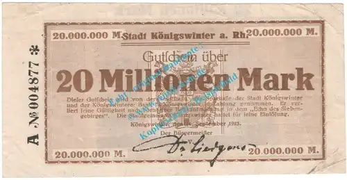 Königswinter , Notgeld 20 Millionen Mark Schein in gbr. Keller 2774.m , Rheinland 1923 Inflation