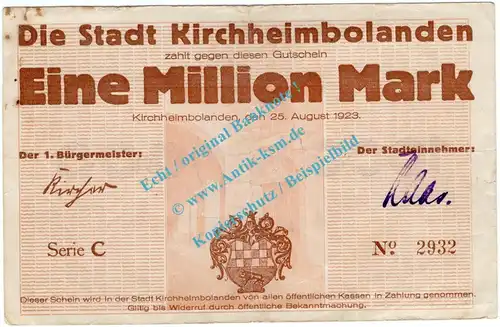 Kirchheimbolanden , Notgeld 1 Million Mark -Stadthaus- in gbr. Keller 2652.h , Pfalz 1923 Inflation