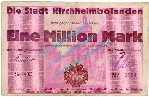 Kirchheimbolanden , Notgeld 1 Million Mark -Strassenbild- in gbr. Keller 2652.g , Pfalz 1923 Inflation