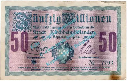 Kirchheimbolanden , Notgeld 50 Millionen Mark -Stern- in gbr. Keller 2652.v , Pfalz 1923 Inflation