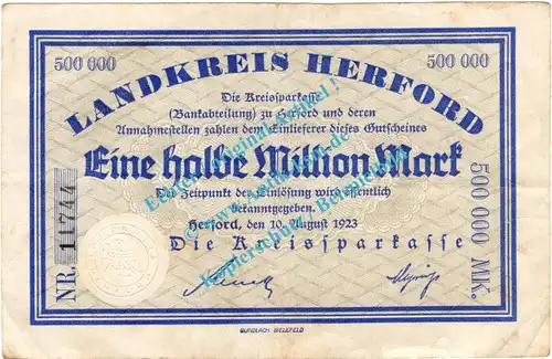 Herford , Notgeld 1 halbe Million Mark in gbr. Keller 2332.a , Westfalen 1923 Inflation