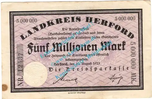 Herford , Notgeld 5 Millionen Mark Schein in gbr. Keller 2332.a , Westfalen 1923 Inflation