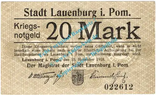 Lauenburg , Notgeld 20 Mark Schein in gbr. Geiger 310.03.a , Pommern 1918 Grossnotgeld