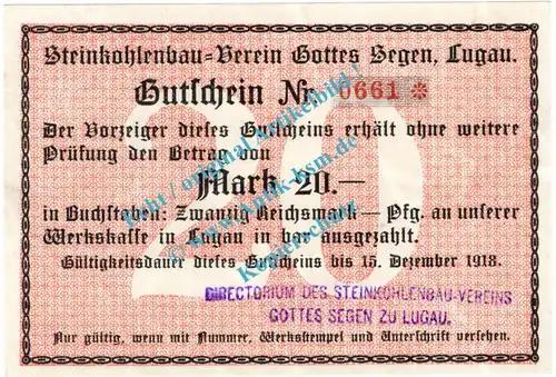 Lugau , Notgeld 20 Mark Schein in kfr. Geiger 335.03.b , Sachsen 1918 Grossnotgeld