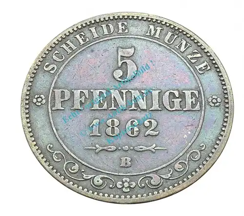 Königreich Sachsen , 5 Pfennig Stück ss+ von 1862 B , J.123 -0561
