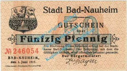 Bad Nauheim , Notgeld 50 Pfennig Nr.2 -grau- in kfr. M-G 925.2.a , Hessen 1917 Seriennotgeld