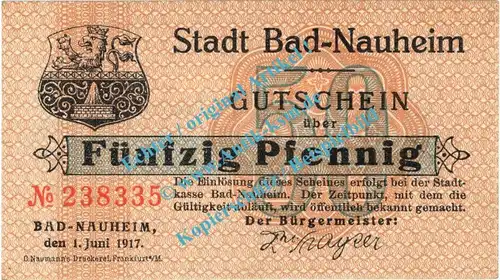 Bad Nauheim , Notgeld 50 Pfennig Nr.4 -grau- in kfr. M-G 925.2.a , Hessen 1917 Seriennotgeld