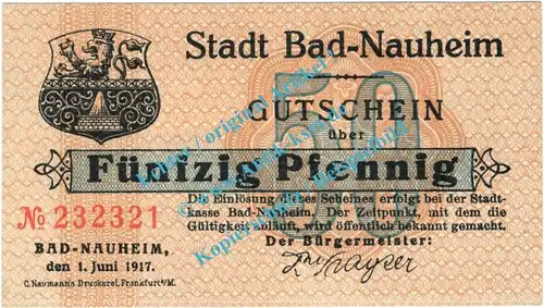 Bad Nauheim , Notgeld 50 Pfennig Nr.1 -grau- in kfr. M-G 925.2.a , Hessen 1917 Seriennotgeld
