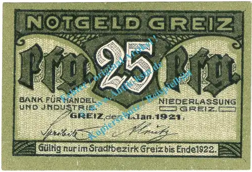 Greiz , Notgeld 25 Pfennig Schein in kfr. Tieste 2445.05.11 , Thüringen 1921 Verkehrsausgabe