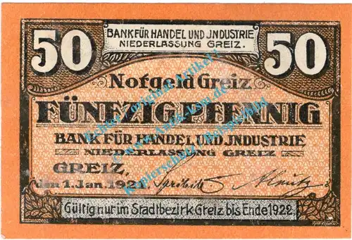 Greiz , Notgeld 50 Pfennig Schein in kfr. Tieste 2445.05.12 , Thüringen 1921 Verkehrsausgabe